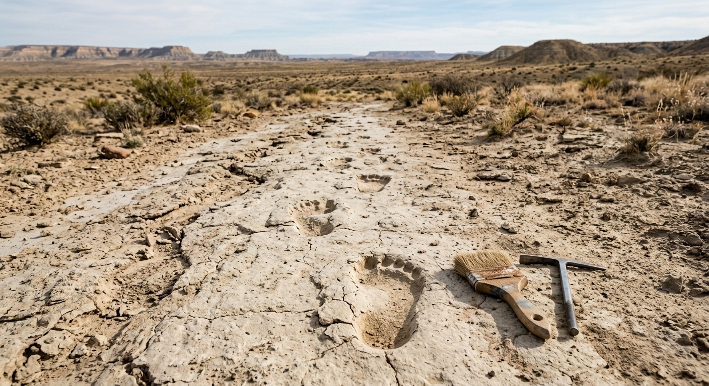 ancient fossilized human footprints embedded in light-colored desert sand and cracked earth, with a small weathered archeological brush resting nearby, set agai