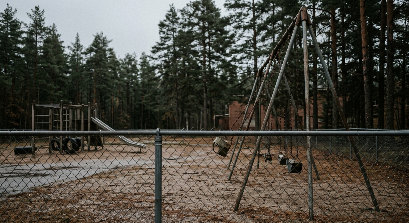 an empty school playground behind a chain-link fence on an overcast day, surrounded by tall pine trees, a solitary abandoned swing moving slightly in the breeze
