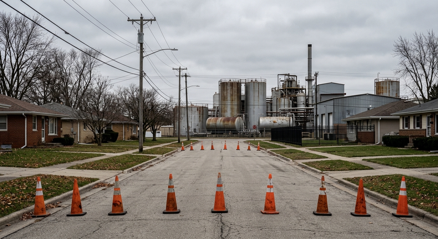 a deserted suburban street blocked off by orange traffic cones, leading toward an industrial facility with large steel storage tanks in the distance, set under