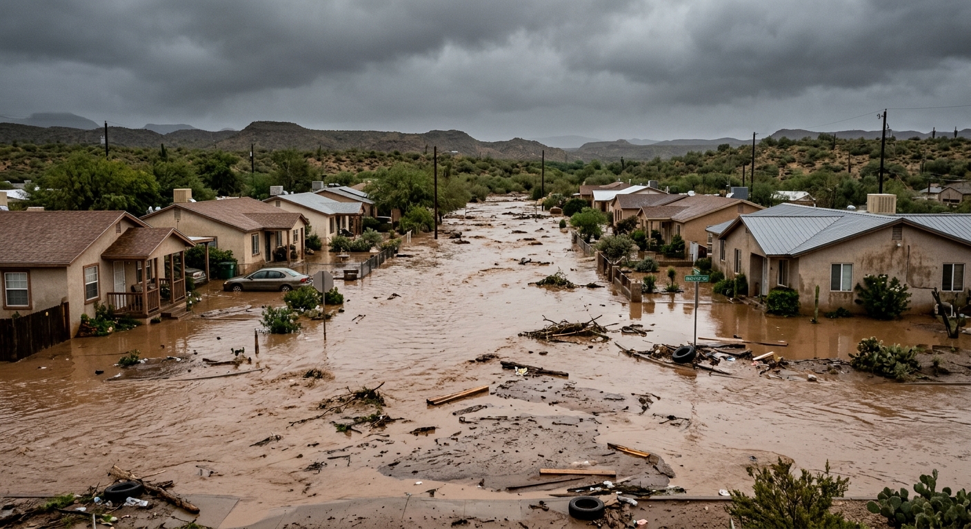muddy floodwaters filling a residential street in a rural Southwestern desert town, with water reaching the front yards of single-family homes, thick brown silt
