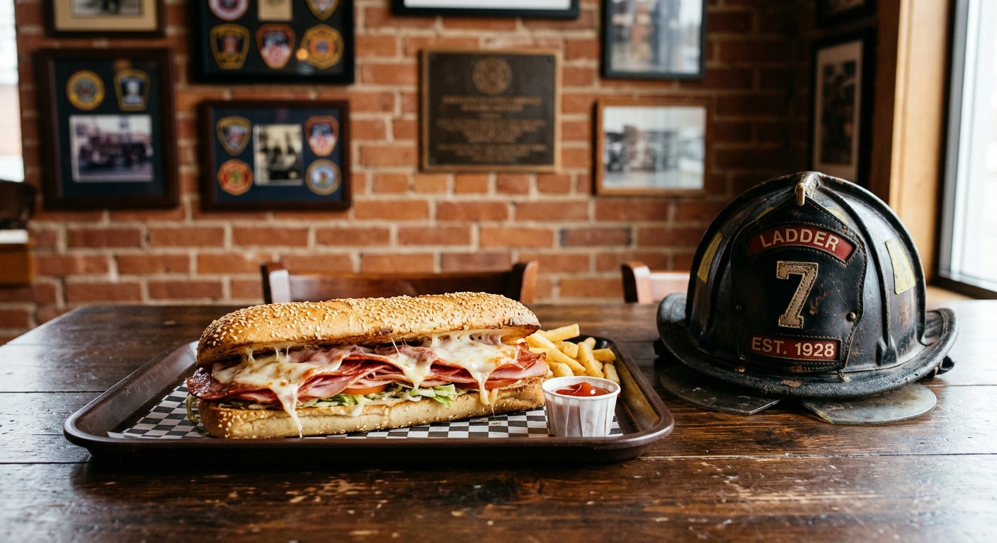 a hot submarine sandwich filled with sliced meat and melted cheese on a dining tray, placed next to a vintage firefighter helmet on a wooden restaurant table, w