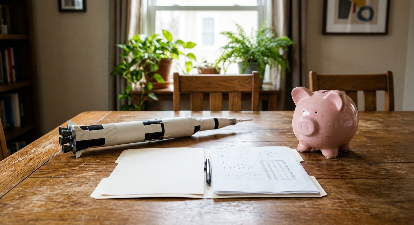 a model space rocket sitting next to an open folder of financial documents and a ceramic piggy bank on a wooden dining table in a typical American home, natural