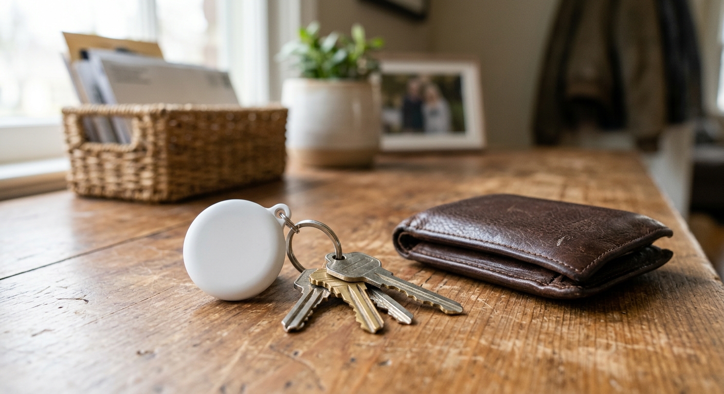 a small circular white Bluetooth tracking device attached to a metal keychain with standard house keys, resting on a wooden entryway table next to a casual leat