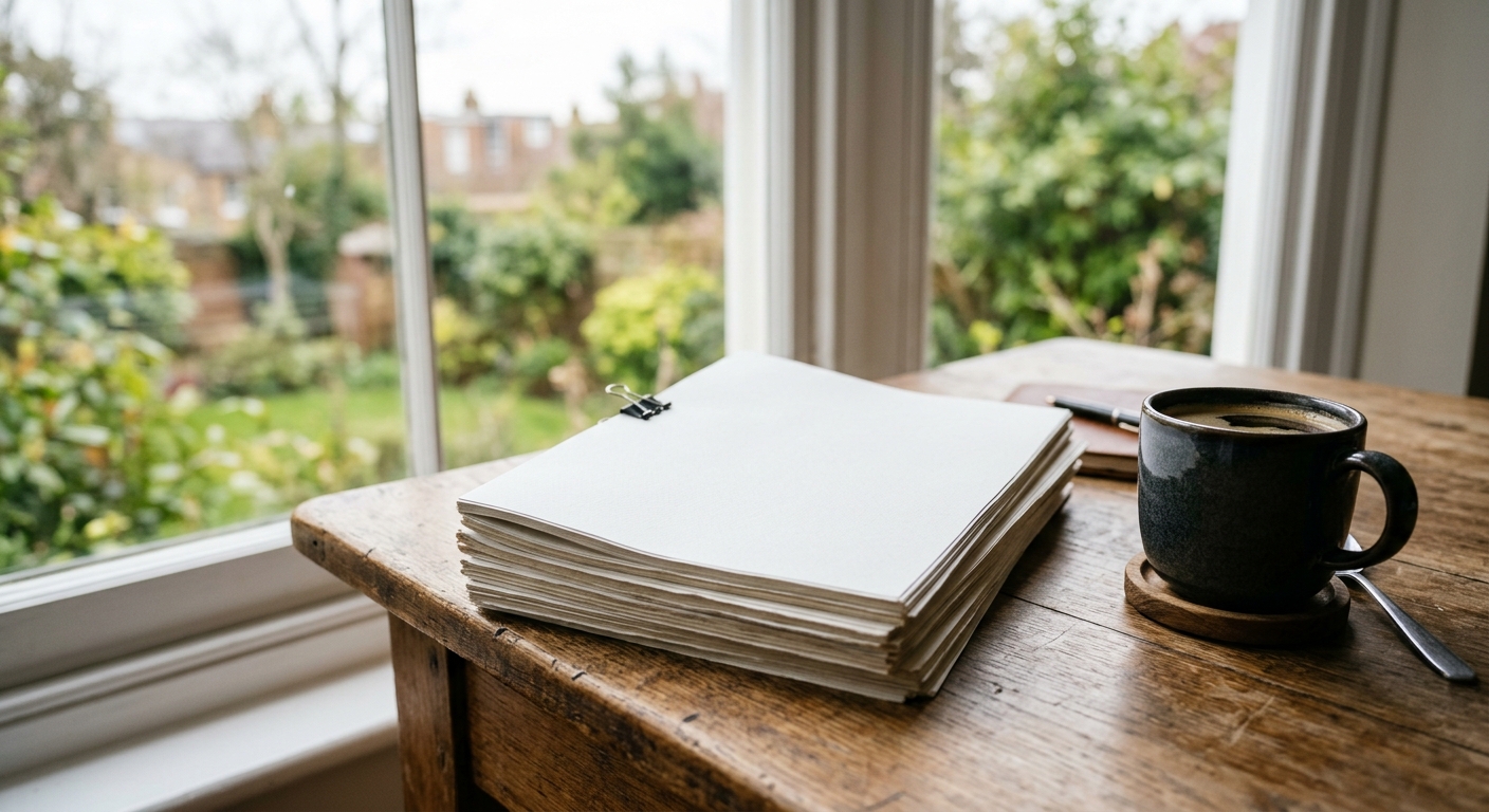 a stack of printed reports and a cup of coffee on a wooden desk near a window, natural everyday lighting, shot on a DSLR camera, slight film grain, completely f
