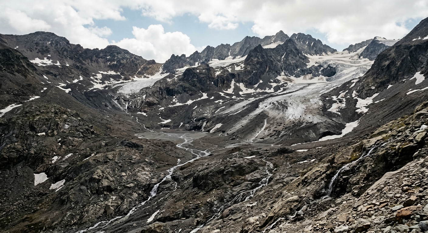 a rugged, high-altitude mountain basin with patches of dirty, thinning glacier ice and extensive exposed dark rock and scree, small streams of meltwater trickli