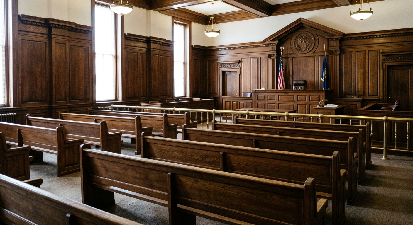 empty wooden gallery benches inside a formal American courtroom with heavy oak paneling and a judge's bench in the background, natural everyday lighting, shot o