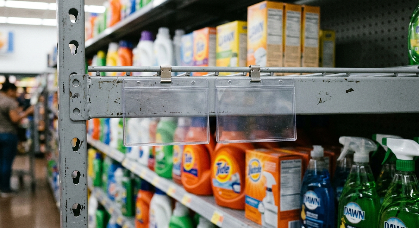a close-up on blank price tag holders attached to the edge of a metal retail shelf stocked with everyday household goods in a generic American discount store, n