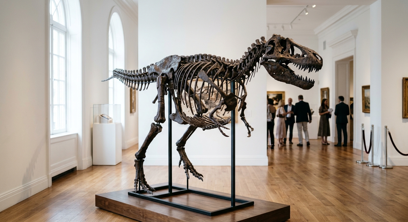 a partially complete, small tyrannosaur dinosaur fossil mounted on a discreet metal frame inside a spacious, upscale auction house gallery with white walls and