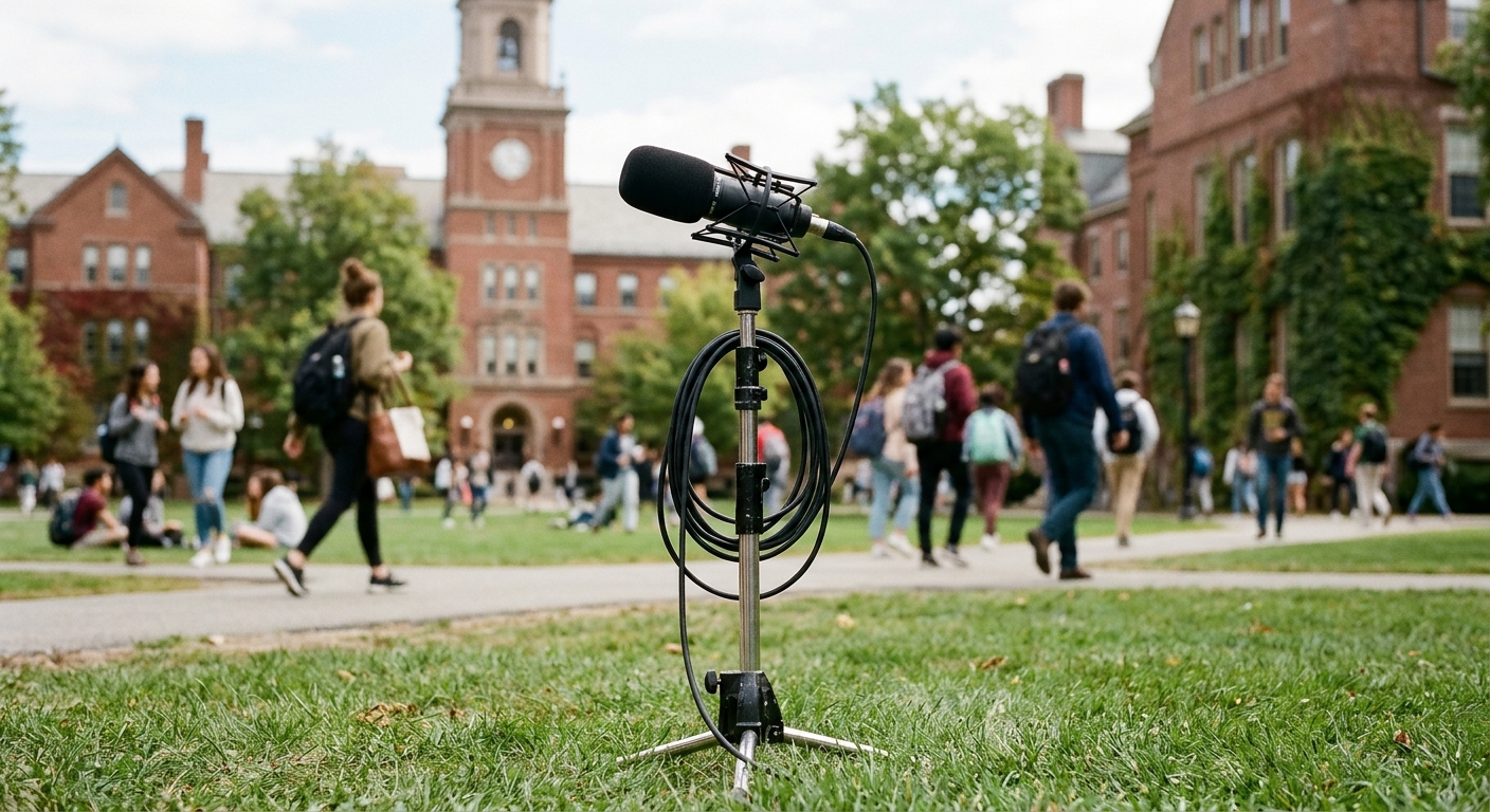 a professional broadcast microphone on a metal stand set up on a grassy college campus quad, with blurred students walking past traditional brick university bui