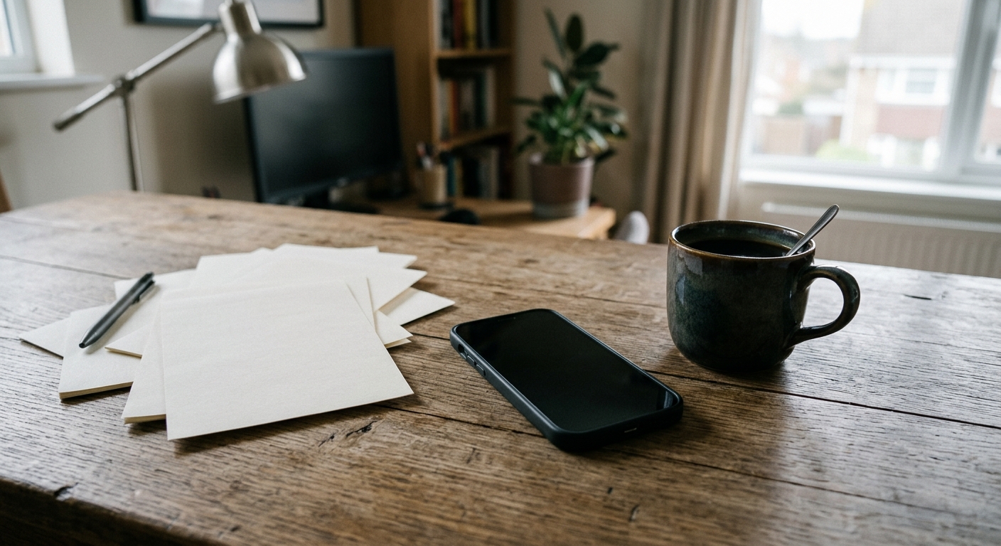 a modern smartphone resting on a wooden desk next to a cup of black coffee and a scattered pile of blank notepad pages in a typical home office, natural everyda
