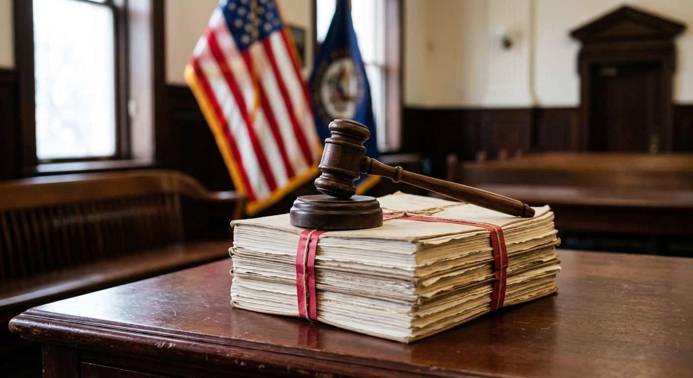 a wooden gavel resting on a stack of bound legal documents on a heavy mahogany desk inside a federal courtroom, with the soft blurred colors of an American flag
