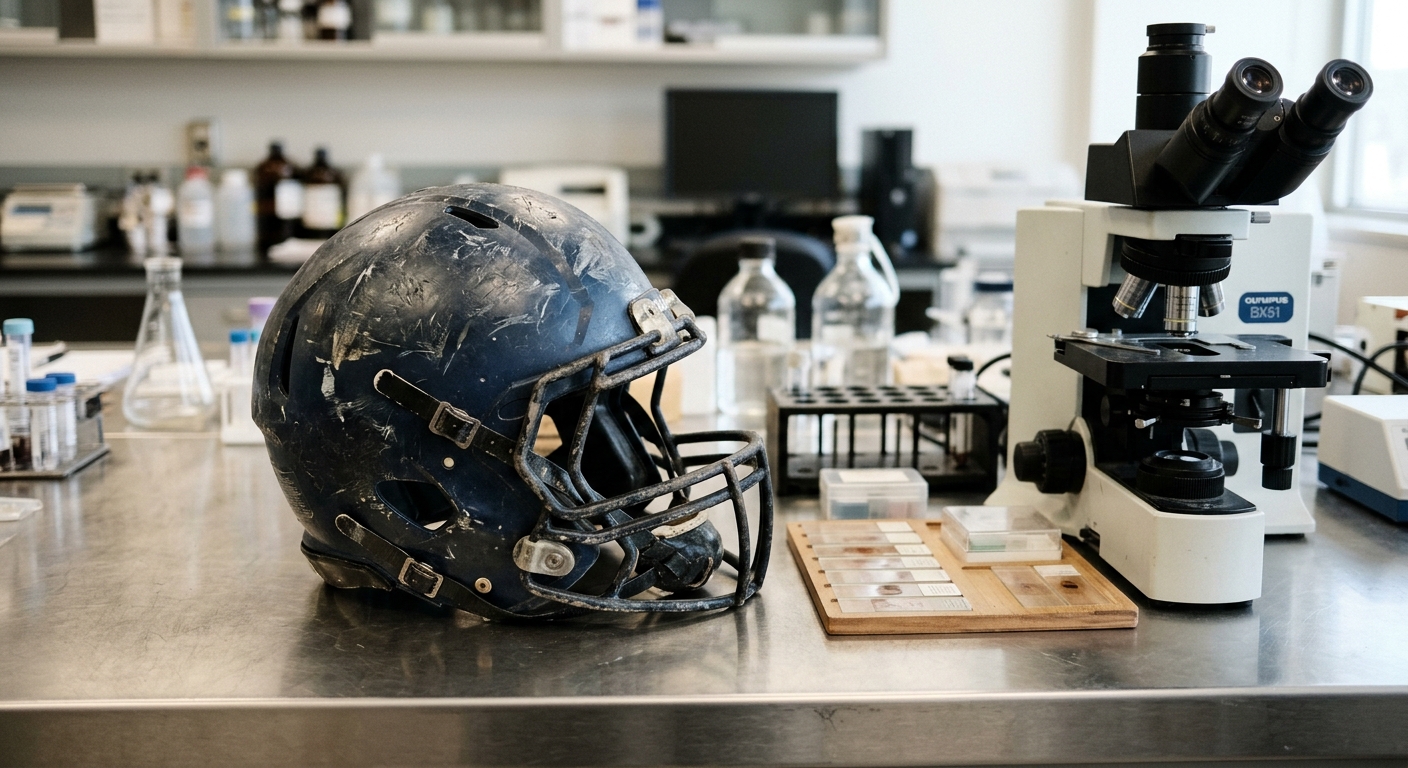 a heavily scuffed, unbranded American football helmet resting on a sterile stainless steel laboratory counter next to glass medical slides and a microscope, nat