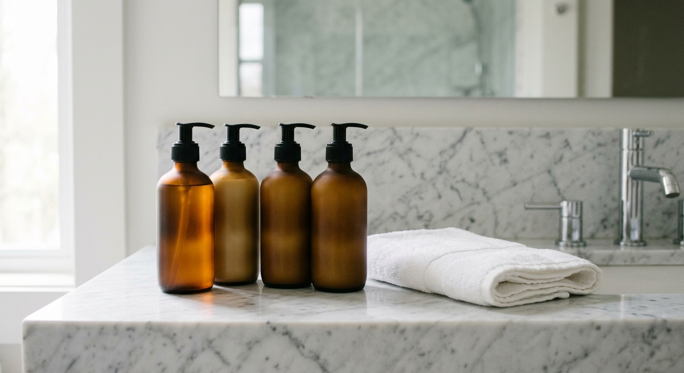 a collection of minimalist, unbranded shampoo and conditioner bottles resting on a modern marble bathroom vanity next to a neatly folded white towel, natural ev