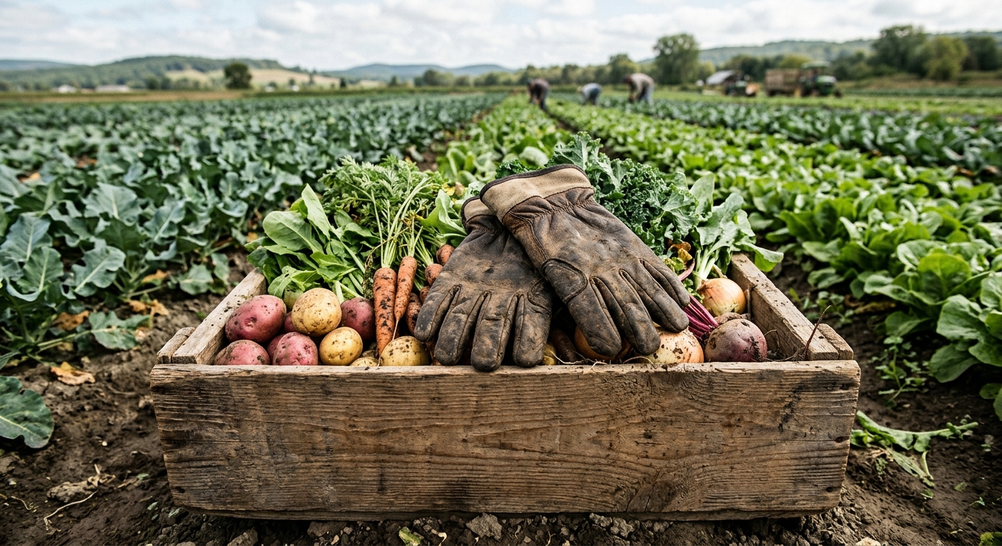 a worn pair of leather work gloves resting on a wooden crate of freshly harvested produce in a vast agricultural field lined with crops, natural everyday lighti