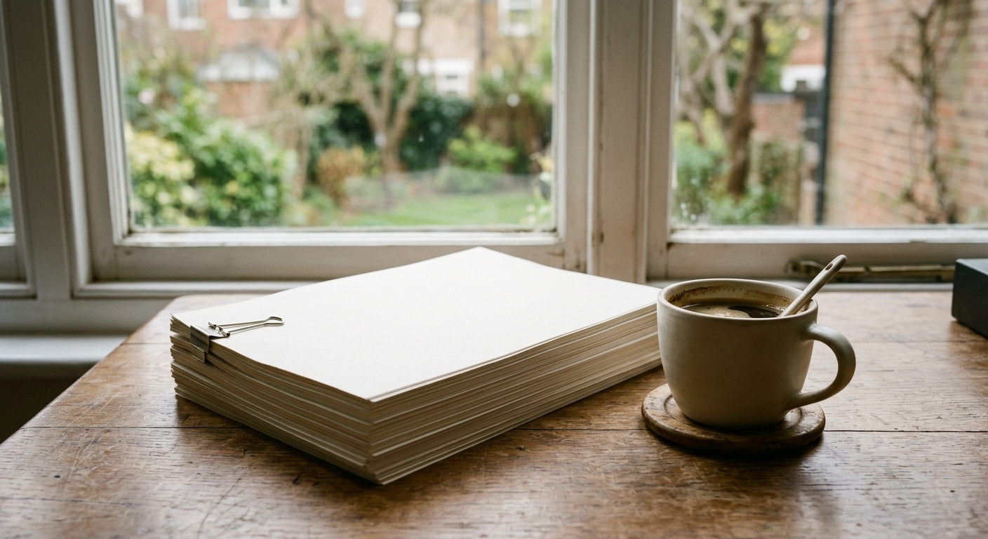 a stack of printed reports and a cup of coffee on a wooden desk near a window, natural everyday lighting, shot on a DSLR camera, slight film grain, completely f