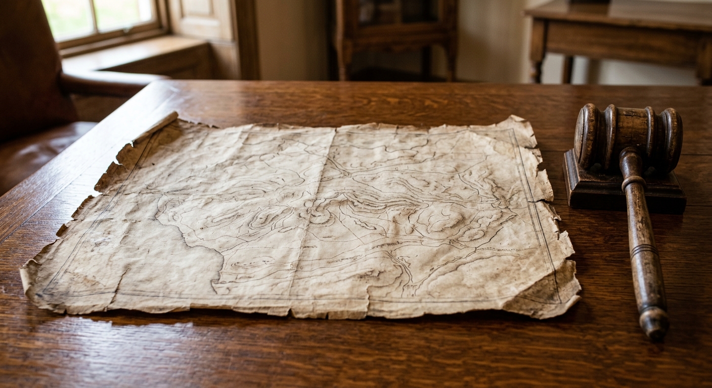 an antique, weathered parchment paper with faint topographical lines and worn edges unrolled on a polished wooden table next to a wooden auctioneer's gavel, nat
