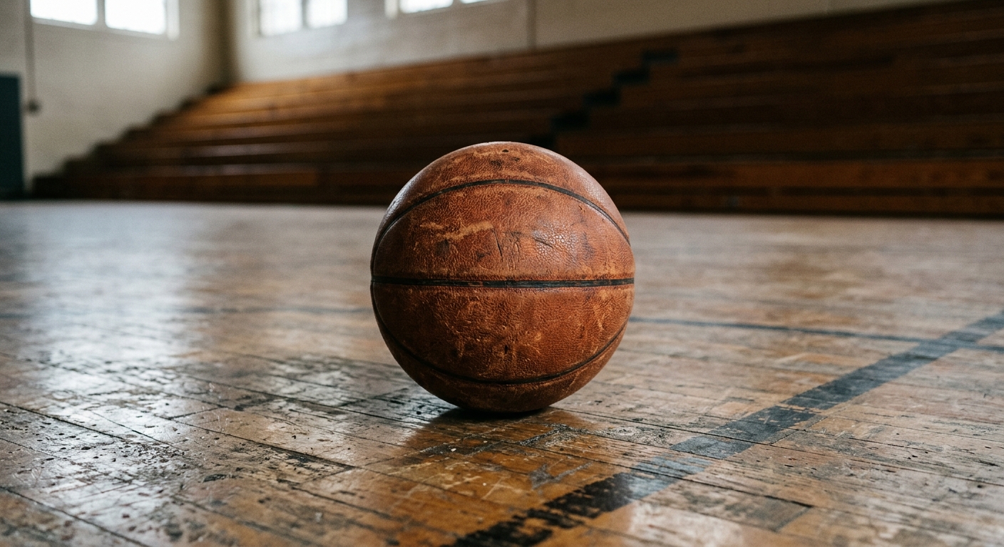 a worn leather basketball resting on a scuffed hardwood gymnasium floor with out-of-focus wooden bleachers in the background, natural everyday lighting, shot on