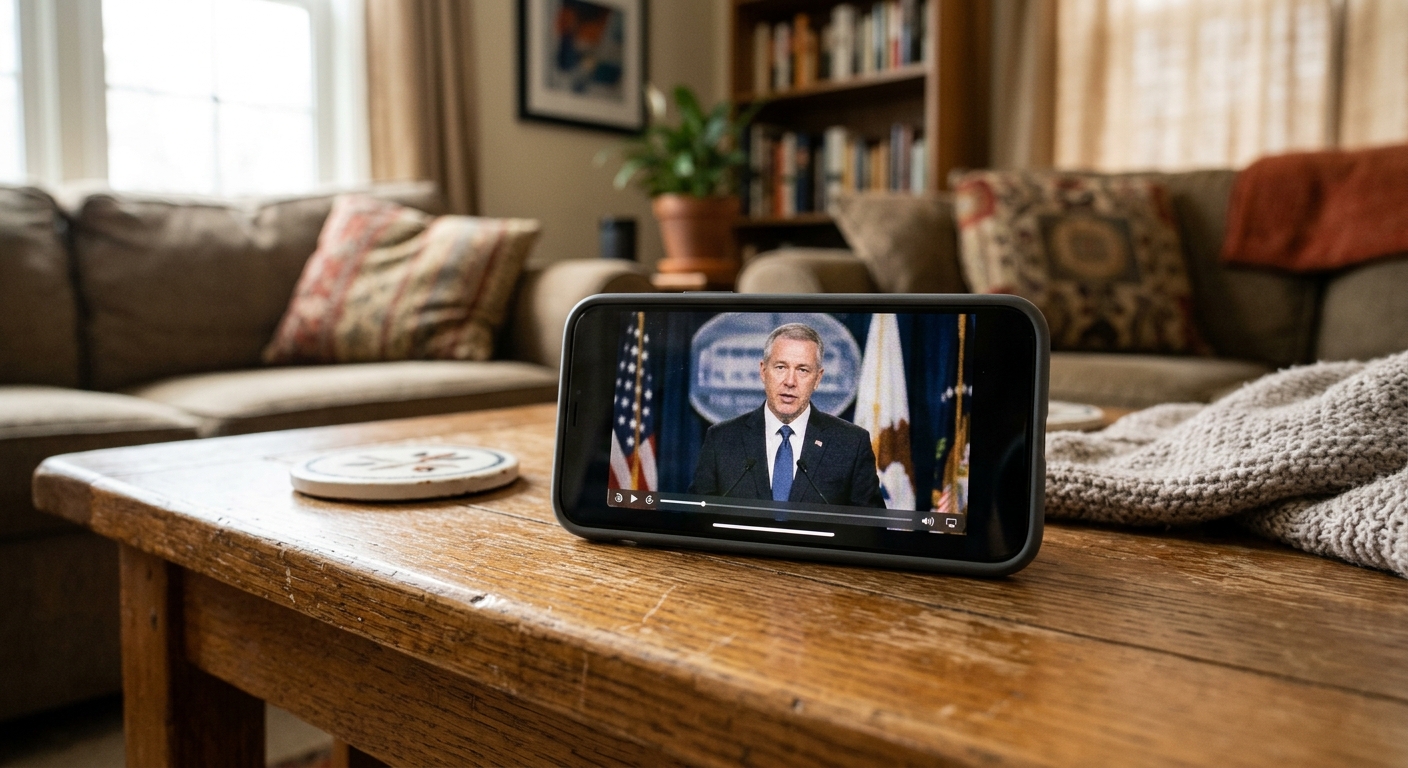 a smartphone resting on a wooden coffee table in a standard American living room, the screen displaying a slightly distorted video of a generic public official
