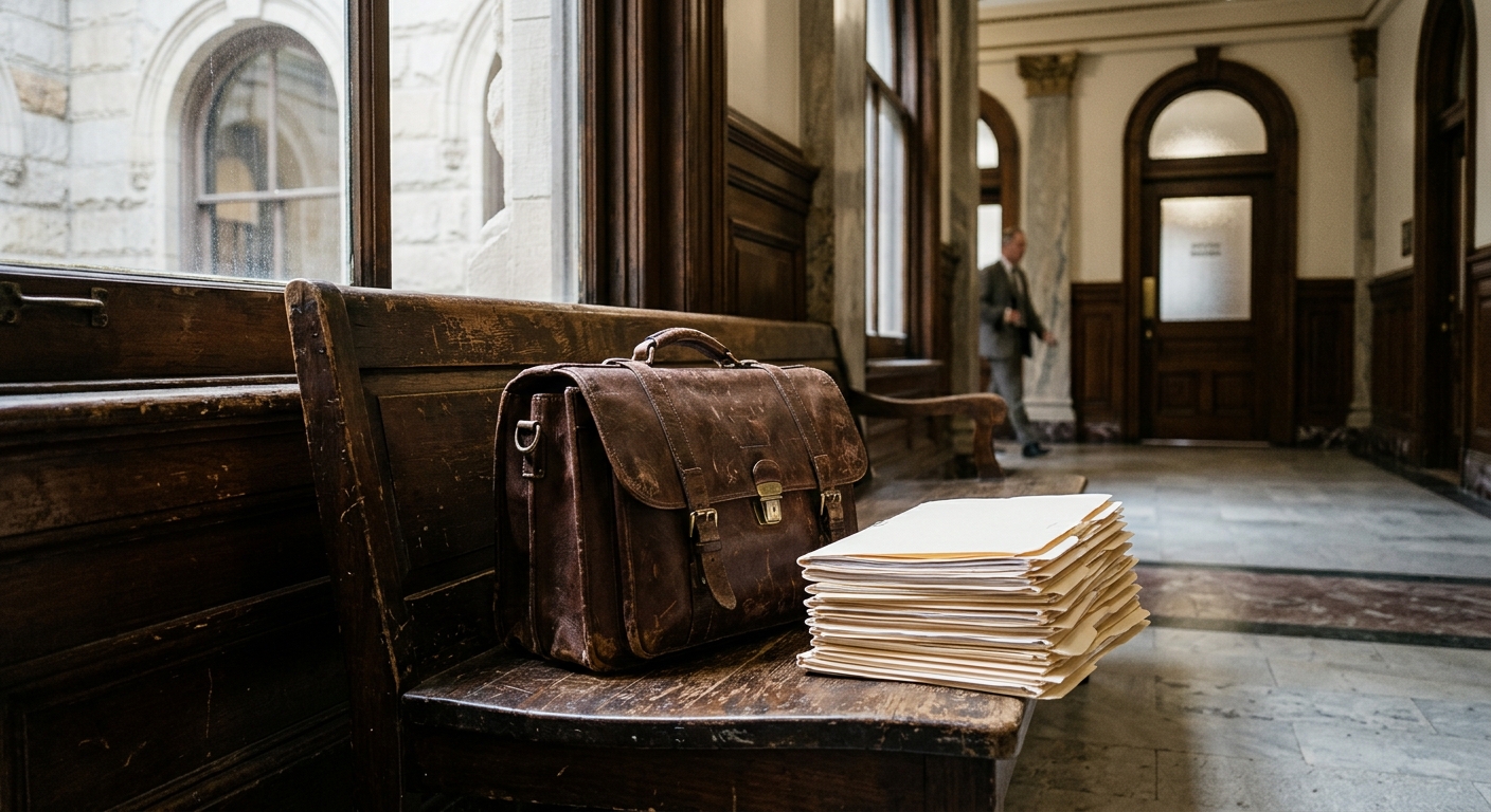 a worn leather briefcase resting next to a stack of manila folders on a wooden bench inside a classic American courthouse corridor, soft daylight streaming thro