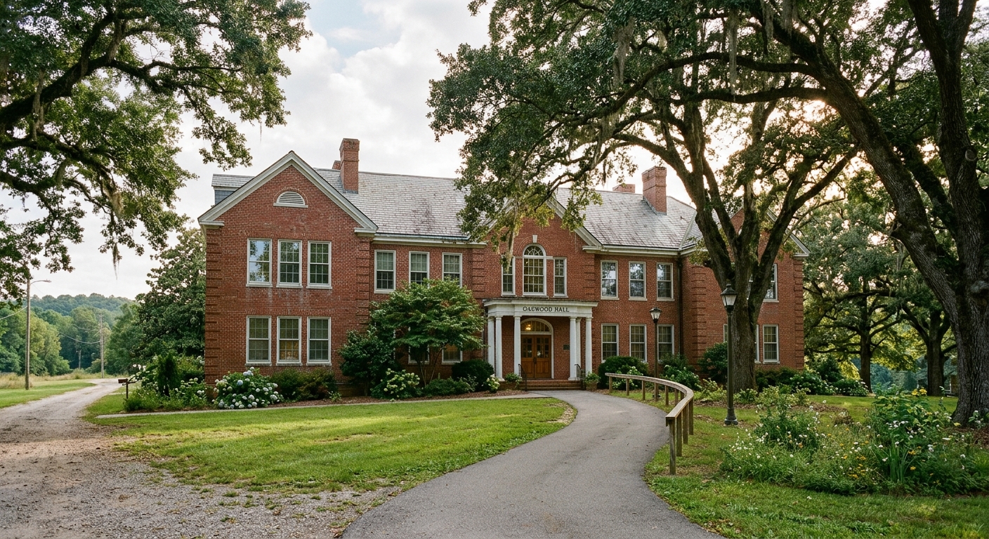 a traditional red brick community college building with large oak trees on a quiet rural campus in the southern United States, an empty paved walkway leading to
