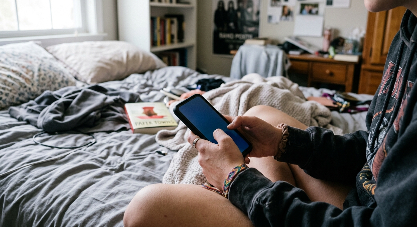 a close-up of a teenager's hands holding a smartphone with a glowing blank screen while sitting on a slightly messy bed in a typical American suburban bedroom,
